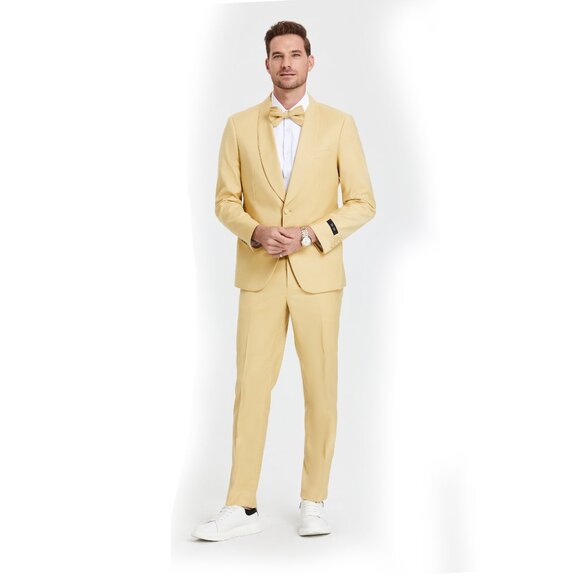 Skinny-Fit  Tazio Men's 2-Piece Shawl Collar Suit, Dijon Yellow - Picture 4 of 4